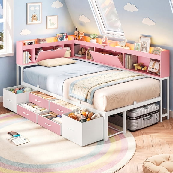 Twin Size Corner Bed with Storage, Charging Station & LED Lights - Wood Platform Daybed with 6 Drawers, Bookshelf Headboard Bedrooms, Space Saving Design Pink