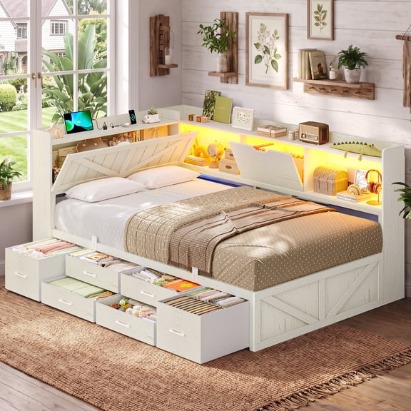 Twin Size Corner Daybed with 6 Storage Drawers, Hidden Storage, LED Lights, Charging Station, Flip-Top Compartment, Antique White
