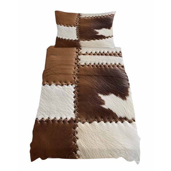 Twin Size Cow Cowhide Sheet Sets Abstract Brown Seam Leather Soft Breathable Microfiber Bed Sheets Deep Pockets 4 Piece Bed Sheets Set, 1 Fitted Sheet, 1 Flat Sheet & 1 Pillowcases