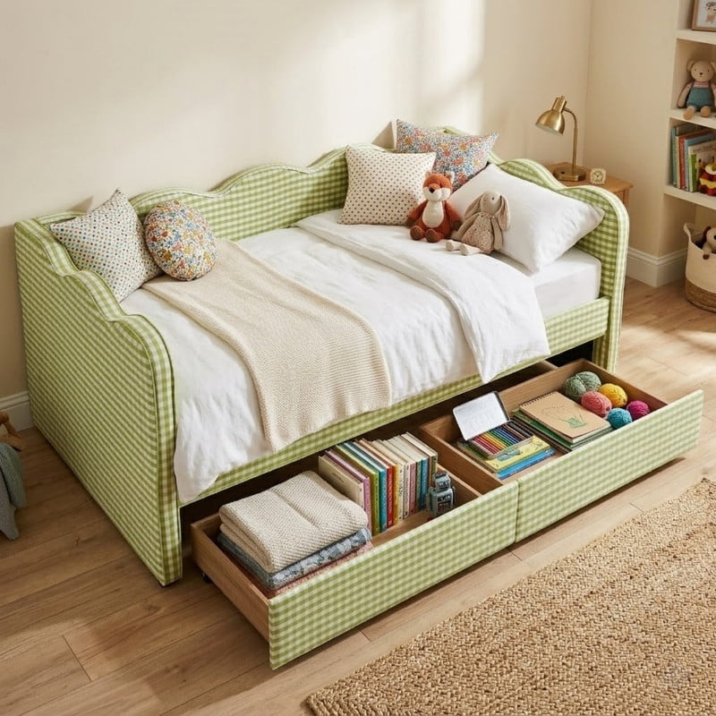 Twin Size Cozy Gingham Daybed with 2 Storage Drawers, Wave Shaped Linen Fabric Sofa Bed with USB Port for Living Room Bedroom