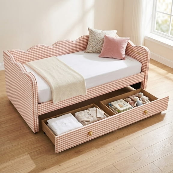 Twin Size Cozy Gingham Daybed with 2 Storage Drawers, Wave Shaped Linen Fabric Sofa Bed with USB Port for Living Room Bedroom
