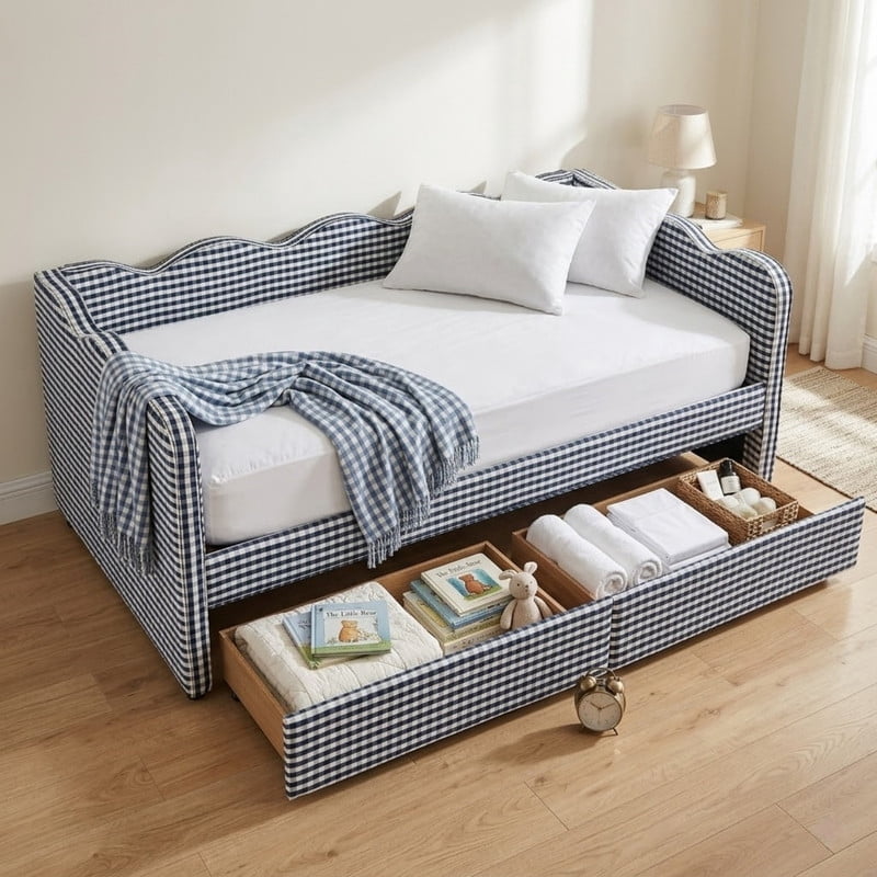 Twin Size Cozy Gingham Daybed with 2 Storage Drawers, Wave Shaped Linen Fabric Sofa Bed with USB Port for Living Room Bedroom