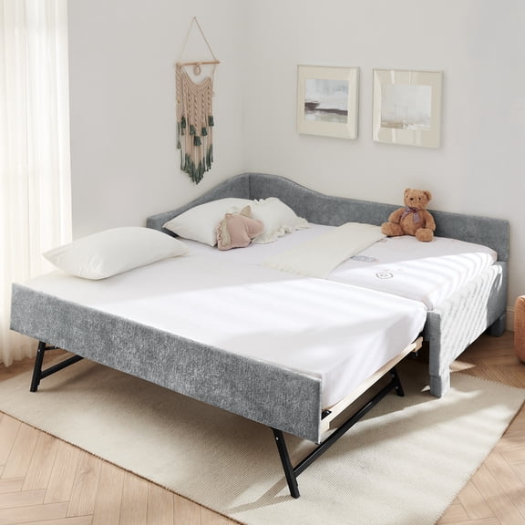 Twin Size Curved Round Edge Padded Backrest Daybed, Vintage Nailhead Trim Chenille Daybed with Pull-out Trundle and USB Port