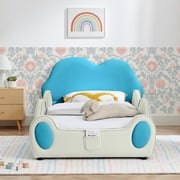 Twin Size Cute Cloud Kids Bed Frame with Guardrails, Upholstered Toddler Bed with Storage Pocket, PU Leather Platform Bed for Girls Bedroom, Beige Blue
