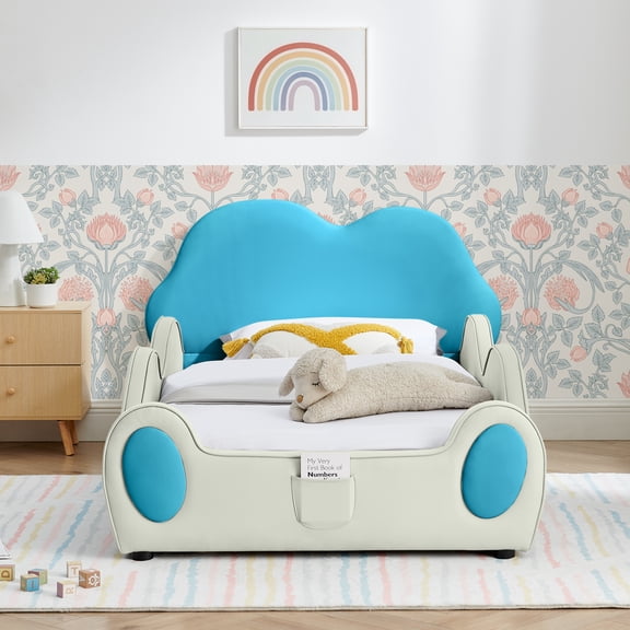 Twin Size Cute Cloud Kids Bed Frame with Guardrails, Upholstered Toddler Bed with Storage Pocket, PU Leather Platform Bed for Girls Bedroom, Beige Blue
