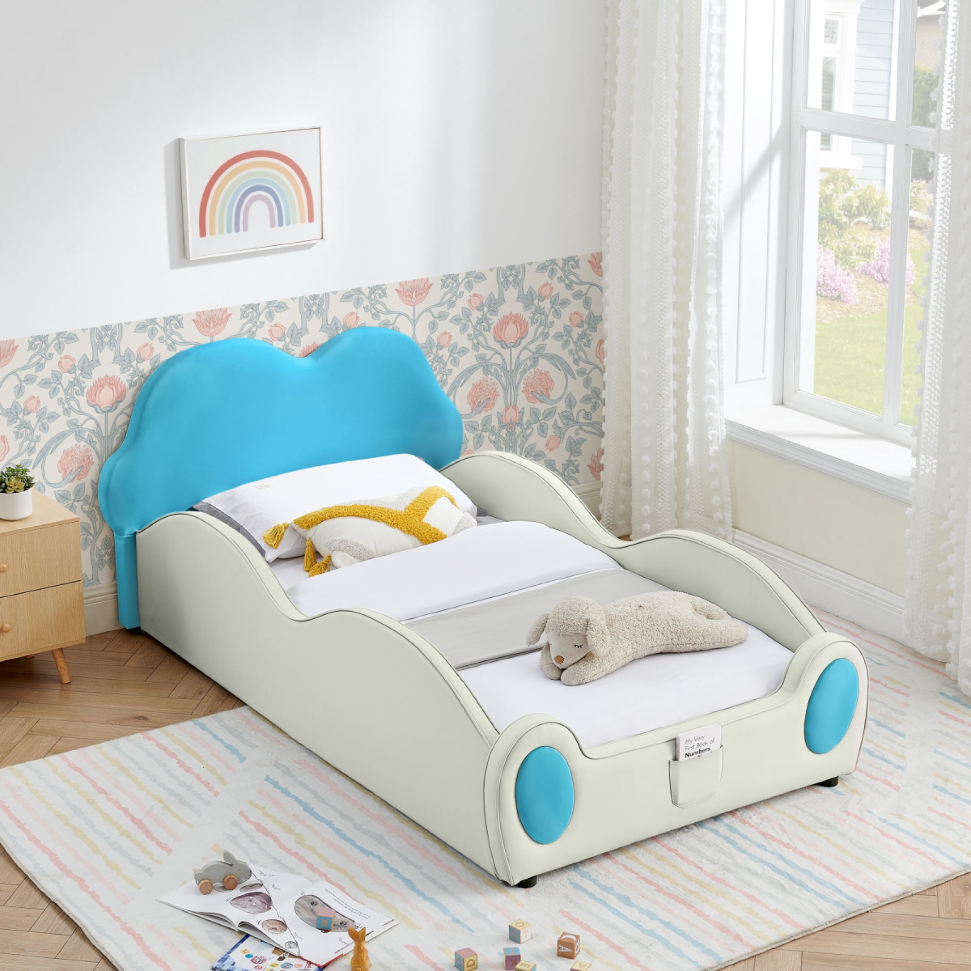 Twin Size Cute Cloud Shape PU Leather Bed with Guardrails, Safety Toddler Bed with Cartoon and Storage Pocket,Beige + Blue