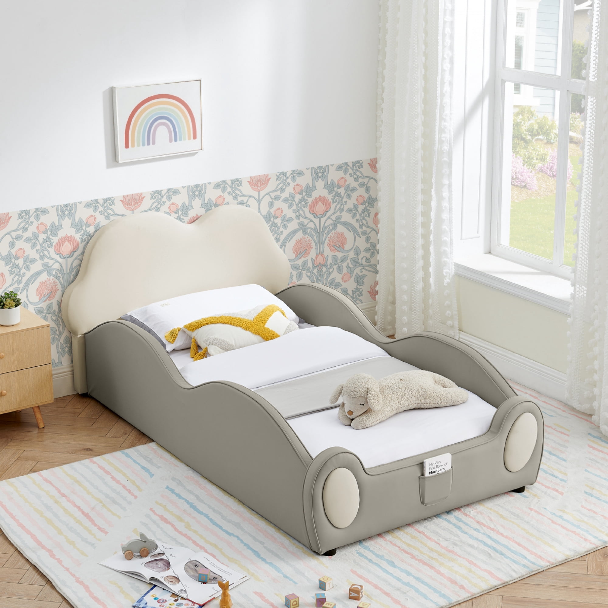 Twin Size Cute Cloud Shape PU Leather Bed with Guardrails, Safety Toddler Bed with Cartoon and Storage Pocket,Beige + Grey