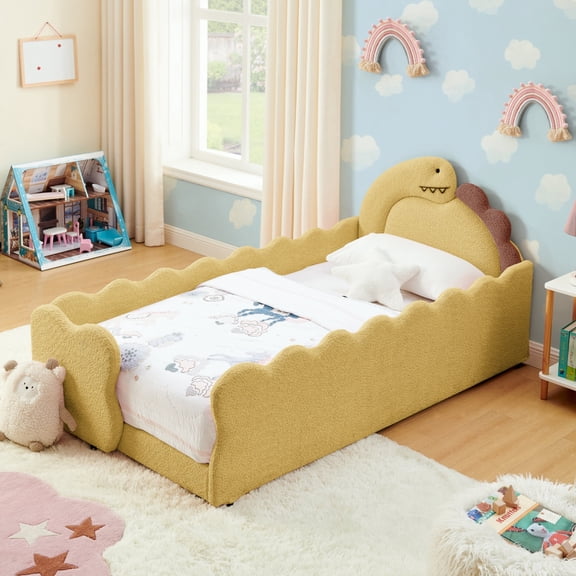 ChenyueFurn Twin Size Cute Dinosaur Bed, Solid Wood Frame with Safety Guardrails,Yellow