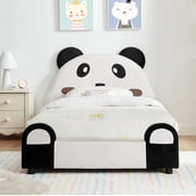 Twin Size Cute Panda Kids Bed Frame, Upholstered Toddler Bed with Padded Edges, Solid Wood Platform Bed for Boys Girls Bedroom Velvet Fabric, White+Black