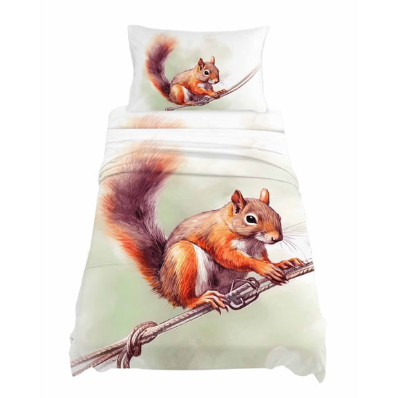 Twin Size Cute Squirrel Sheet Sets Holding Rope Wild Life Soft Breathable Microfiber Bed Sheets Deep Pockets 4 Piece Bed Sheets Set, 1 Fitted Sheet, 1 Flat Sheet & 1 Pillowcases