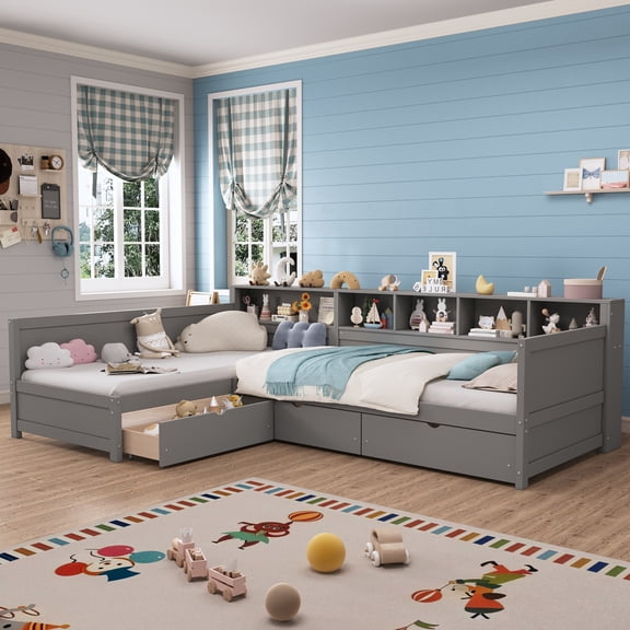 Twin Size Day Bed for 2, L- Shape Twin Size Bed Frame with Storage 3 Drawers, Wooden Corner Bed with Bookshelf, Corner Bed Frame For Bedroom, Living Room,Grey