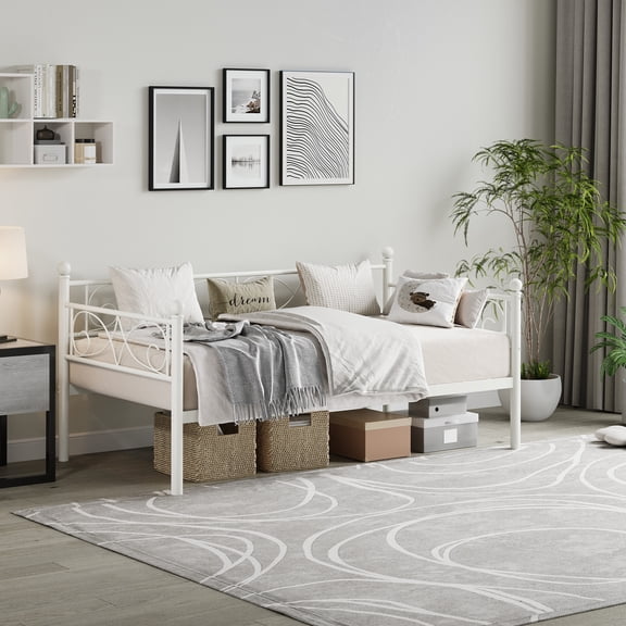Twin Size DayBed, Sofa Bed Frame with Steel Slat Support, Curved Flower Design, Space-Saving, No Box Spring Needed, for Apartment, Small Spaces
