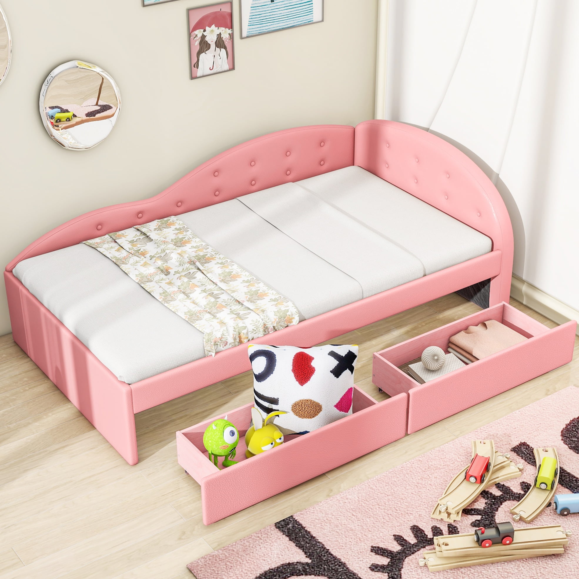 Twin Size Daybed with 2 Drawers, Faux Leather Upholstered Day Bed Frame, Bottom Tufted Sofa Bed