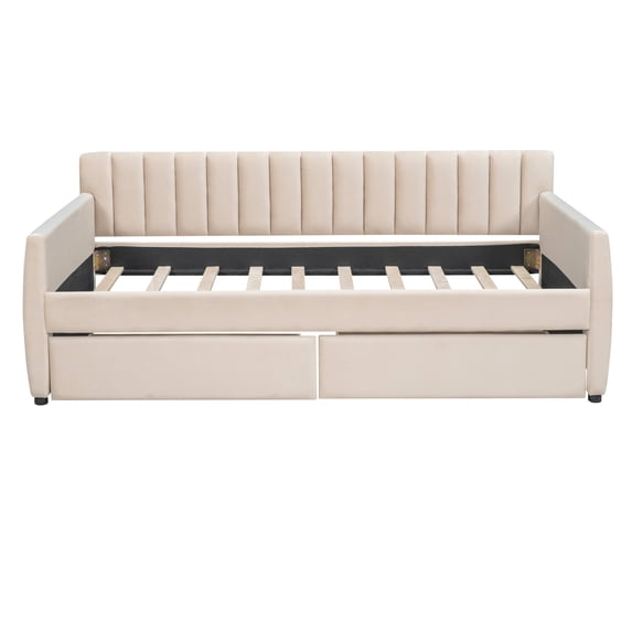 Twin Size Daybed with 2 Storage Drawers, Modern Sofa Platform Bed with Wood Slats Support , Soft Sofa Upholstered Daybed with Arm for Living Room, Bedroom and Dorm, Beige