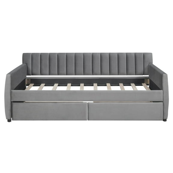 Twin Size Daybed with 2 Storage Drawers, Modern Sofa Platform Bed with Wood Slats Support , Soft Sofa Upholstered Daybed with Arm for Living Room, Bedroom and Dorm, Gray