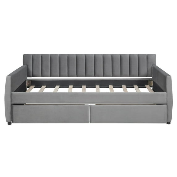 Twin Size Daybed with 2 Storage Drawers, Modern Sofa Platform Bed with Wood Slats Support , Soft Sofa Upholstered Daybed with Arm for Living Room, Bedroom and Dorm, Gray