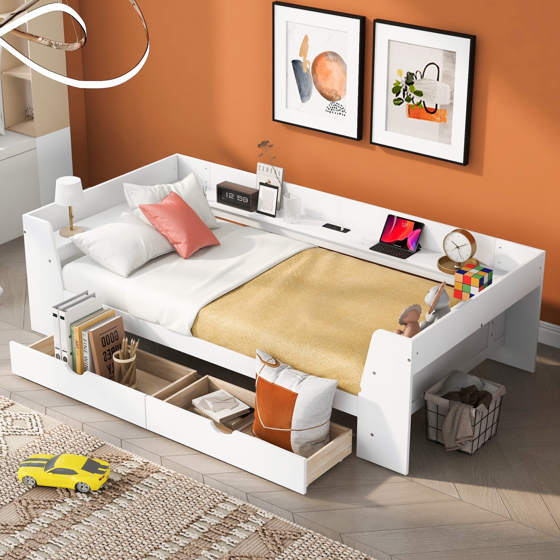 Twin Size Daybed with 2 Storage Drawers and Shelves Wood Platform Bed Frame with Built In Charging Station Upholstered Sofa Bed for Boys Girls Teens