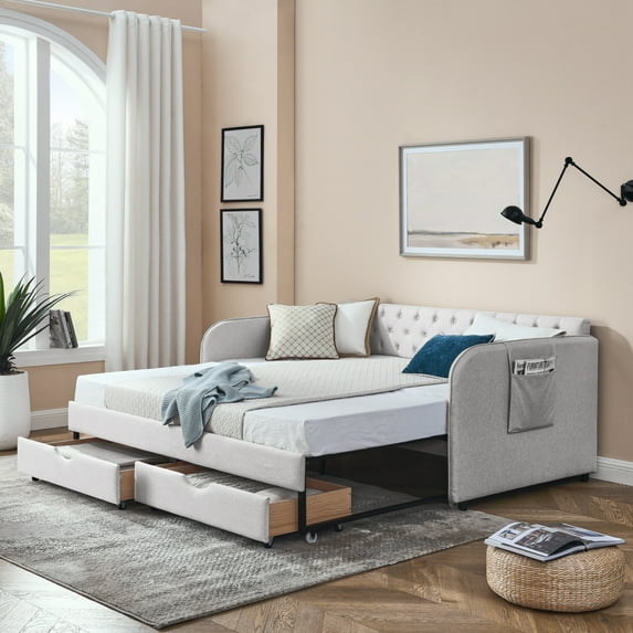 Twin Size Daybed with 2 Storage Drawers, Upholstered Daybed with Side Pocket, Sofa Bed Frame for Living Room, Bedroom and Guest Room, No Box Spring Needed, Beige