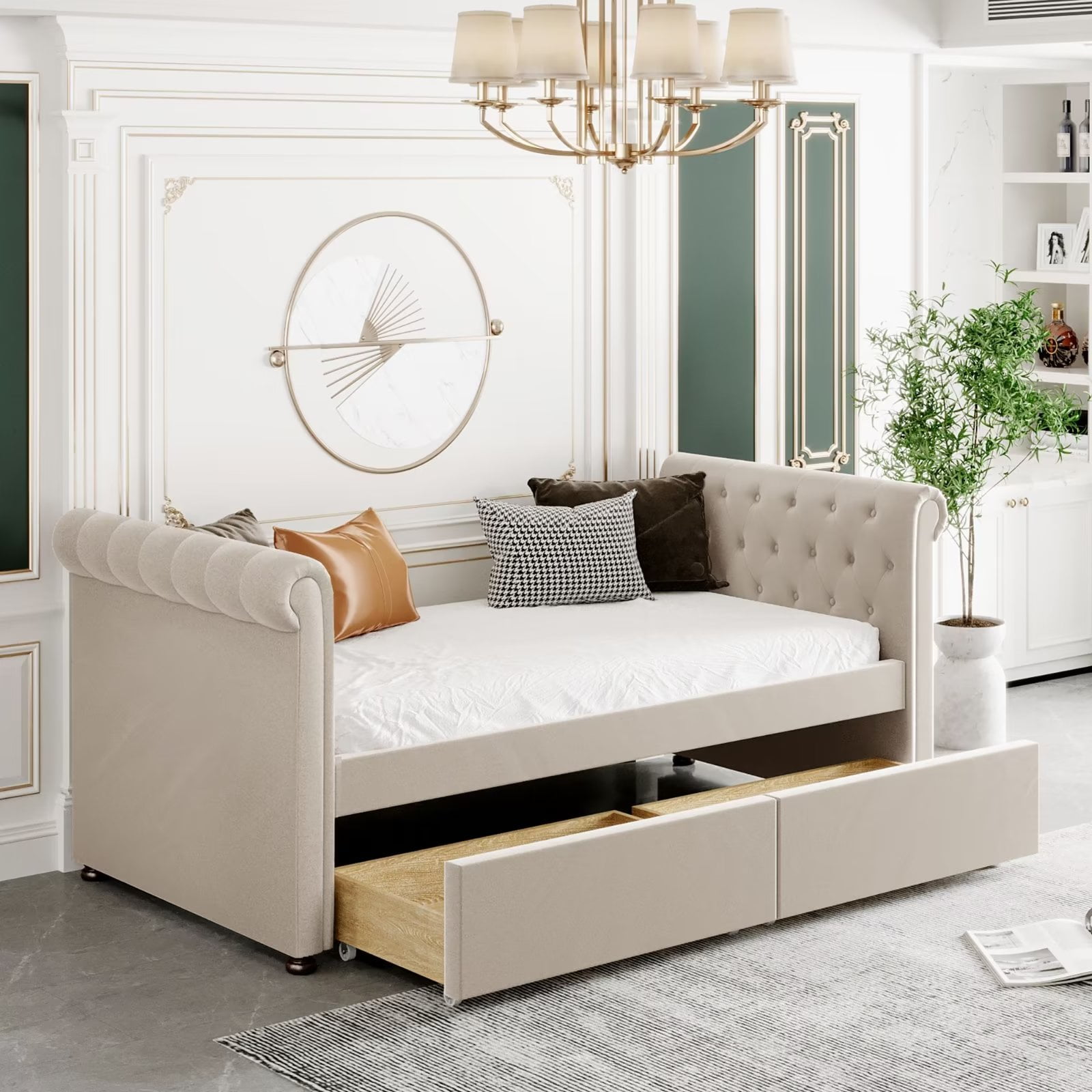 Twin Beige Velvet Upholstered Daybed with Pine Storage Drawers