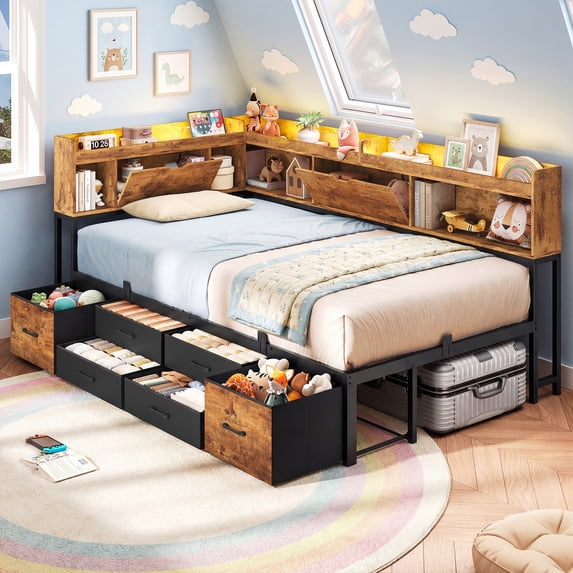 Corner Bed Frame Twin Size with 6 Drawers and Storage Bookcase, Twin Daybed with Charging Station & Led Lights, Metal Platform Beds for Living Room Bedroom, Brown