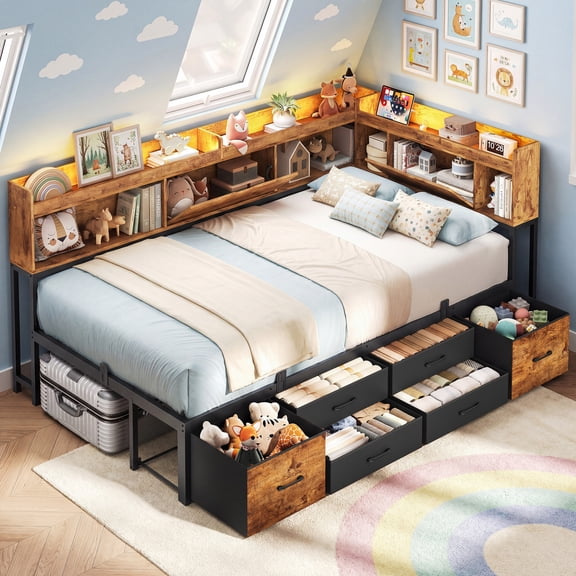 Corner Bed Frame Twin Size with 6 Drawers and Storage Bookcase, Twin Daybed with Charging Station & Led Lights, Metal Platform Beds for Living Room Bedroom, Brown