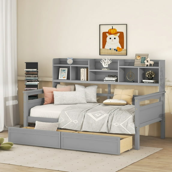 Twin Size Daybed with with Bedside Shelf and 2 Drawers, Wood Sofa Bed with Bookcase Headboard, Daybed Frame with Guardrails and Slats Support, No Box Spring Needed, Gray