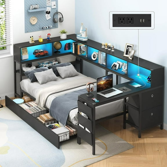 Twin Size Daybed with Drawers and Bookcase Storage,Corner Bed Frame with Desk,Charging Station and Led Lights,Twin Metal Platform Bed Frame with Open Shelves,Black
