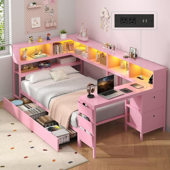 Twin Size Daybed with Drawers and Bookcase Storage,Corner Bed Frame with Desk,Charging Station and Led Lights,Twin Metal Platform Bed Frame with Open Shelves,Pink