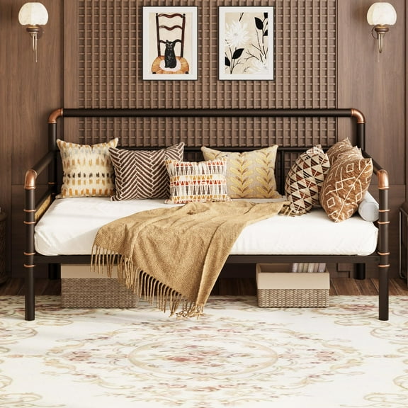 Twin Size Daybed Frame,Day Bed Metal Daybed Frame with Headboard, Heavy Duty Mattress Platform Base Box Spring Replacement Sofa Bed for Living Room Guest Room