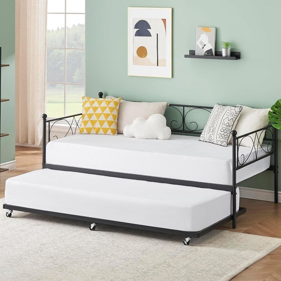 Twin Size Daybed Frame Heavy Duty Metal Slats Mattress Foundation Platform Sofa Bed with Headboard for Bedroom, Black