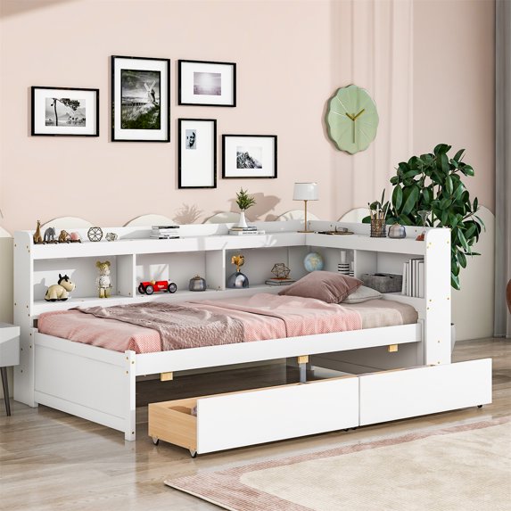 Twin Size Daybed Frame with L-shaped Bookcase and Drawers, Solid Wood Platform Bed Frame with Headboard and Slats Support, Floor Bed Frame for Teens Adults, No Box Spring Needed, White