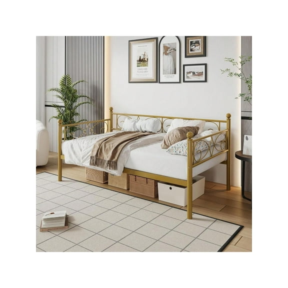 Twin Size Daybed Frame, Metal Daybed with Floral Headboard, Heavy Duty Steel Slats, Modern Gold Bed for Guest Room