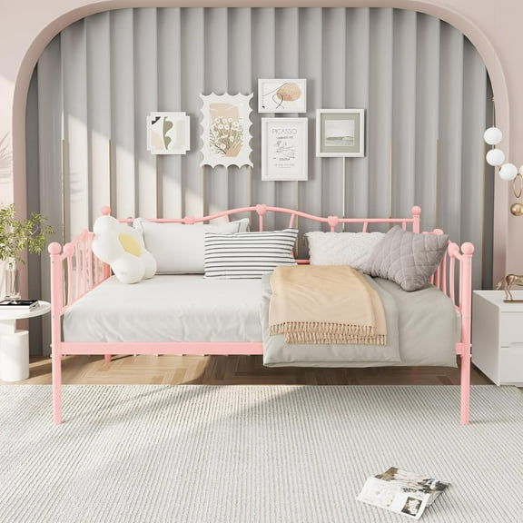 Twin Size Daybed Frame, Metal Platform Sofa Bed with Stylish Headboard, Heavy Duty Steel Slat Support, Space Saving for Living Room/Bedroom/Guest Room, No Box Spring Needed, Pink