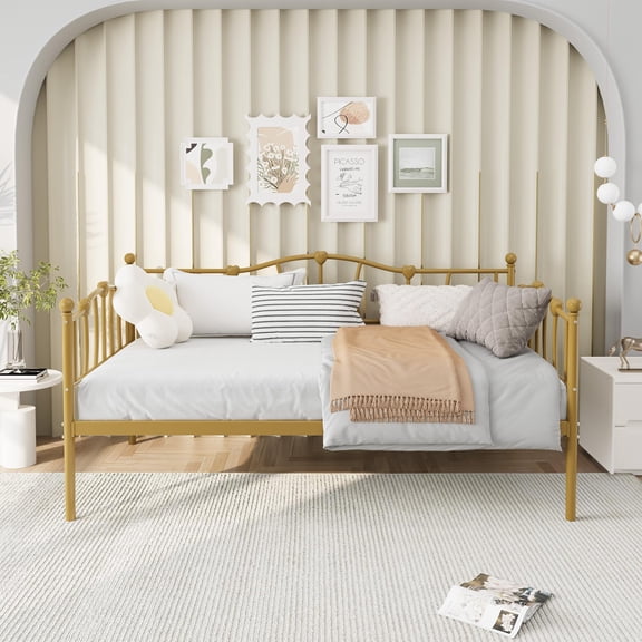Twin Size Daybed Frame,Metal Platform Sofa Bed with Stylish Headboard,Heavy Duty Steel Slat Support,Space Saving for Living Room/Bedroom/Guest Room,No Box Spring Needed,Gold