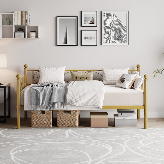 Twin Size Daybed Frame, Metal Sofa Bed Frame, Heavy Duty Metal Slats,Metal Day Bed with Floral Headboard for Living Room, Bedroom, Guest Room, Space Saving