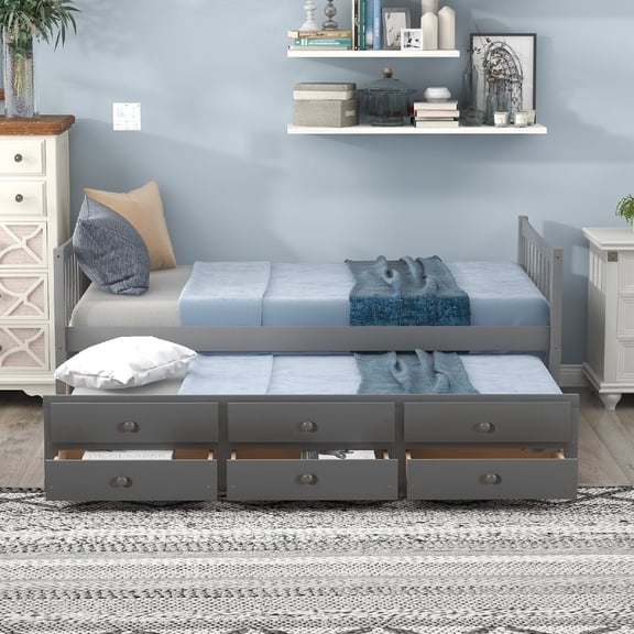 Full size Bed Frame with Twin size Trundle, Solid Wood Daybed with Underbed Storage Drawers for Bedroom, Apartment, Mattress not included, No Spring Box Needed,Easy Assembly, Gary