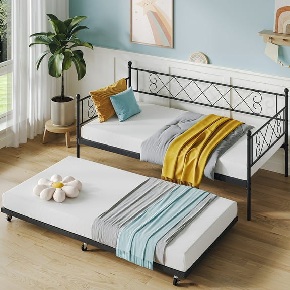 Twin Size Daybed Frame with Trundle, Twin Trundle Bed with Stylish Headboard, Heavy Duty Metal Slats Mattress Foundation, No Box Spring Needed, Easy Assembly