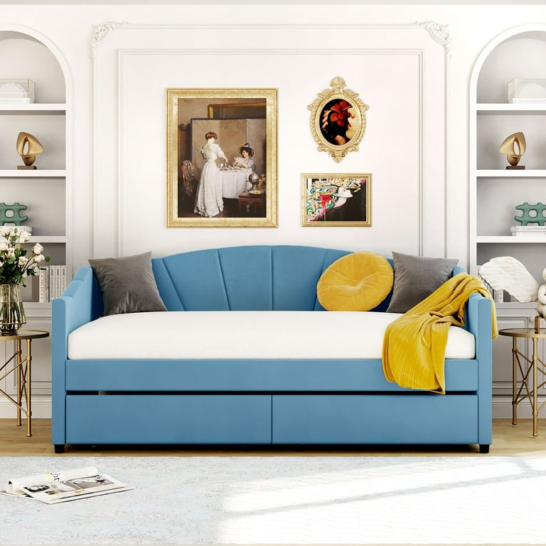 Triple Tree Daybed Frame Wooden Living Room Bedroom Bed with Slats Support Blue