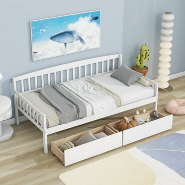 Twin Size Daybed Frame, Wooden Platform Bed with 2 Storage Drawers, Guardrails, Multifunctional Sofa Bed for Bedroom, Living Room, Guest Room, No Box Spring Needed, White