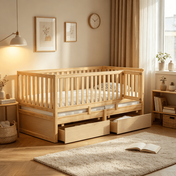 Twin Size Daybed with Guardrails and Storage Drawers, Convertible Floor Bed for Guest Room, Apartment, or Shared Space, Solid Wood Frame in Natural Finish