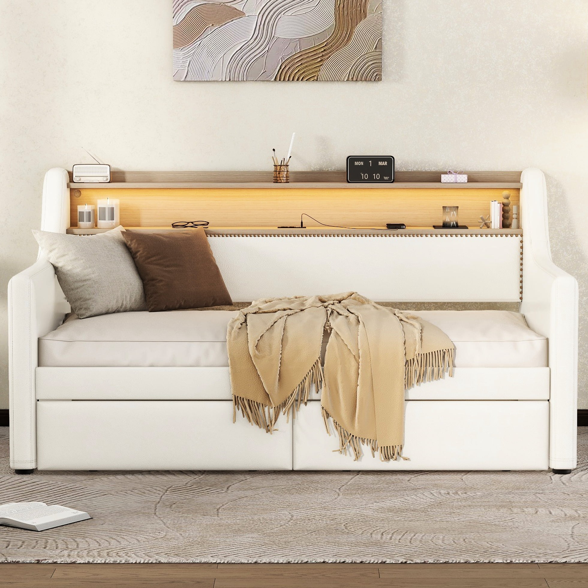 Twin Size Daybed In White With Headboard Storage, Led Lights & Charging ...