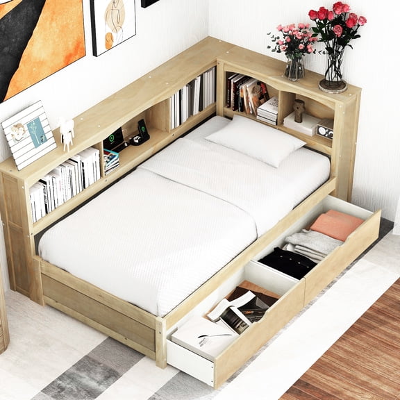 Twin Size Daybed In Wood Color With Storage Drawers, Ports And Thoughtful Facilities - Bed Frame Cabinet Units