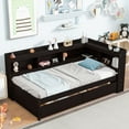 thumbnail image 1 of Twin Size Daybed with L-Shaped Bookcases and 2 Drawers, Wooden Platform Bed Captain Bedframe with Storage Headboard, Twin Daybed Sofa Bed for Boys Girls Teens Adult, No Box Spring Needed, Espresso, 1 of 9