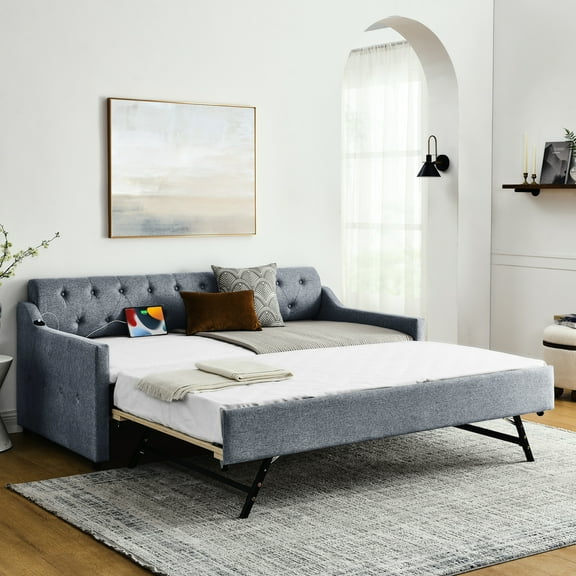 Twin Size Daybed In Linen Grey, With Charging & Manipulable Trundle, Fascinating Button Appeal, Frame Bears 300lbs Upholstered Daybed Slot And Erectable Solid Build Structure
