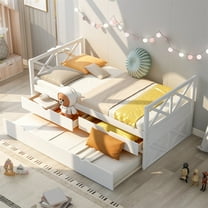 Twin Size Daybed, Platform Storage Bed with 2 Drawers and Pull Out Trundle for Kids Teens, Multi-Functional Wooden Captain Bed for Living Room Bedroom, Wood Slat Support, Space Saving, White