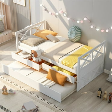 Twin Size Daybed, Platform Storage Bed with 2 Drawers and Pull Out Trundle for Kids Teens, Multi-Functional Wooden Captain Bed for Living Room Bedroom, Wood Slat Support, Space Saving, White