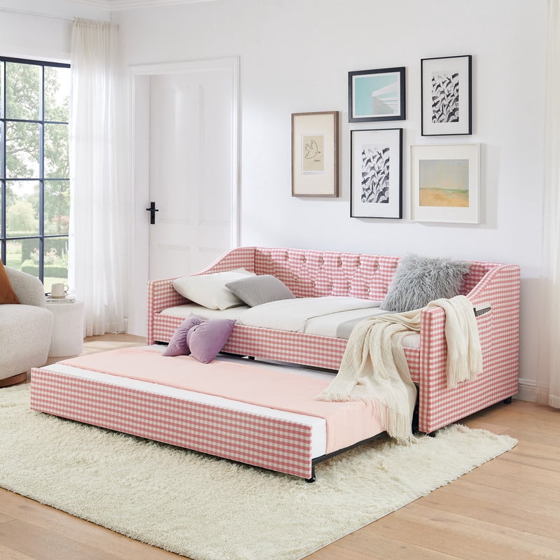 Twin Size Daybed with Pop Up Trundle, Gingham Upholstered Daybed Frame with Tufted Button Backrest and Side Storage Pocket, Modern Sofa Bed for Living Room Bedroom