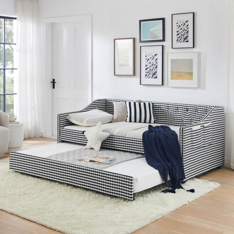 Twin Size Daybed with Pop Up Trundle, Gingham Upholstered Daybed Frame with Tufted Button Backrest and Side Storage Pocket, Modern Sofa Bed for Living Room Bedroom