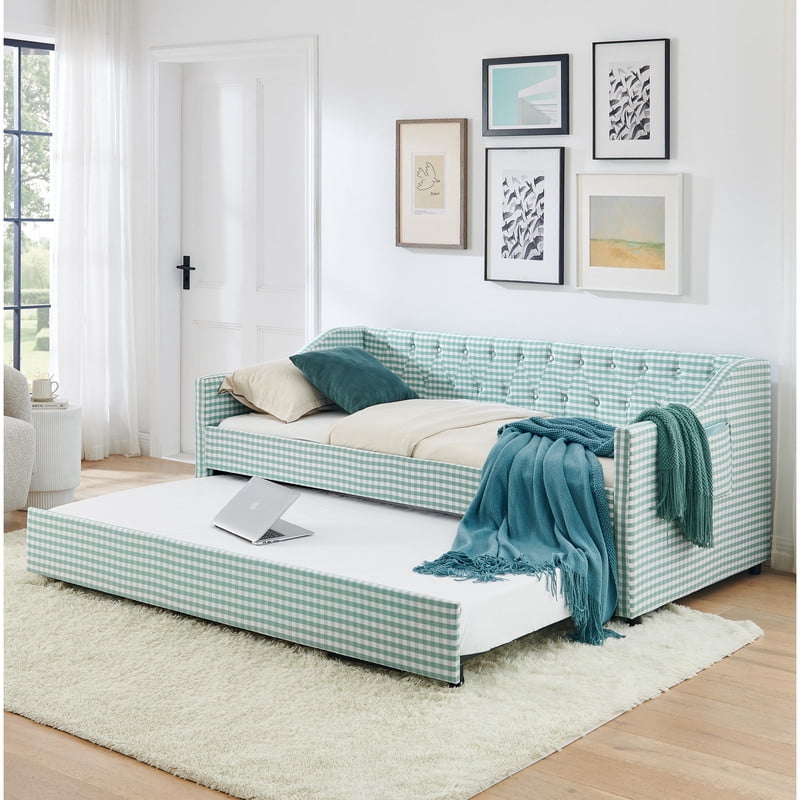 Twin Size Daybed with Pop Up Trundle, Gingham Upholstered Daybed Frame with Tufted Button Backrest and Side Storage Pocket, Modern Sofa Bed for Living Room Bedroom