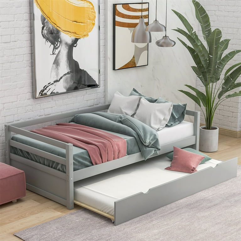 Twin Size Daybed with Pull Out Trundle Bed Wooden Bed Frame with 3 Side Full length Guardrails Living Room Bedroom Dual use Daybed Frame for Teens